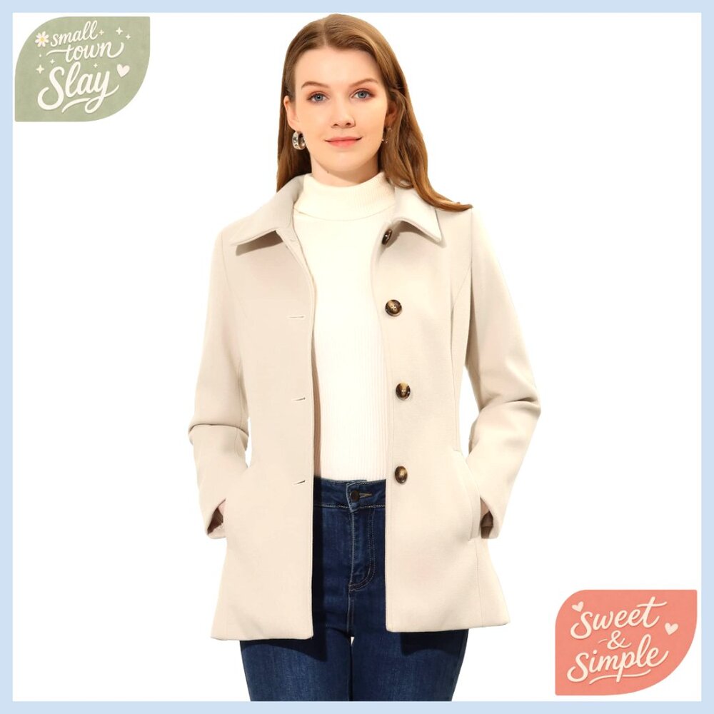 Winter Pea Coat Single Breasted Overcoat Work Office Regular Fit Polyester